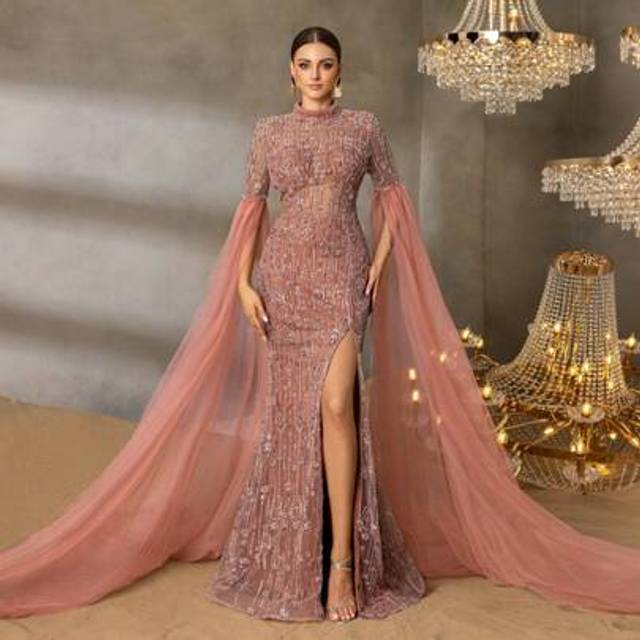 Faeriesty Faeriesty Elegant High-Neck Evening Gown With Sheer Chiffon Sleeves, Thigh Slit & Mermaid Train - Structured Formal Dress For Red-Carpet Galas, Luxury