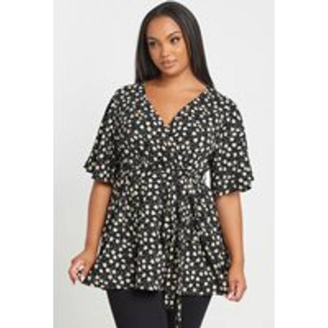 Yours Curve Black Textured Floral Print Wrap Top, Women's Curve & Plus Size, Yours - 30-32