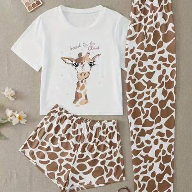 SHEIN [Giraffe Print Pajama] 3pcs Women&#39;s Giraffe Print Pajama Set - Casual Comfy Polyester Blend, Machine Washable Sleepwear