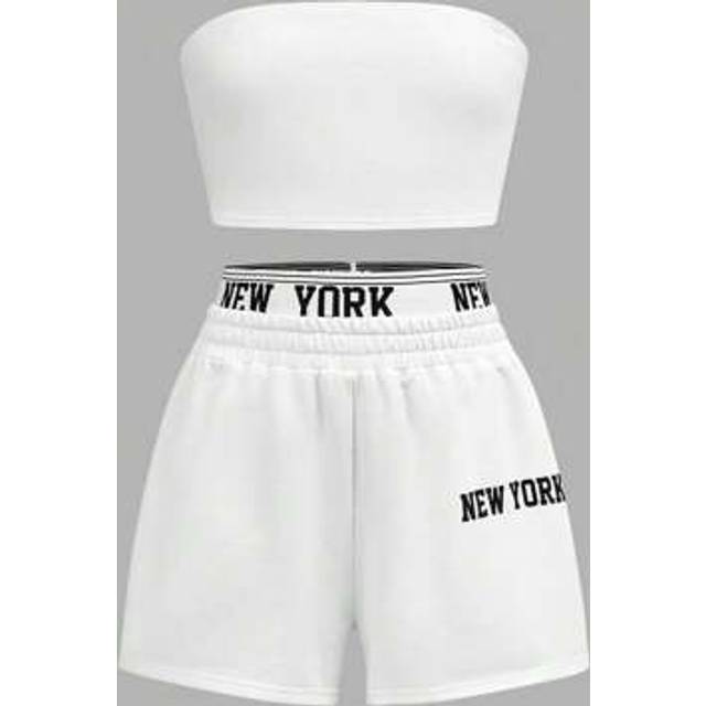 SHEIN Tween Girls 2pcs Y2K Slogan Print Sweatshirt & Shorts Co-Ord Set, Cropped Knit Camisole Top, Casual, Streetwear, White
