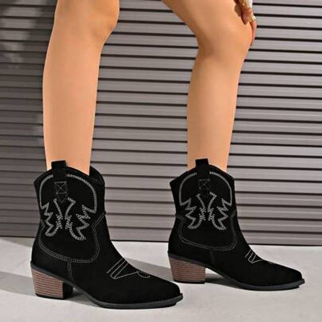 SHEIN 2025 New Vintage Embroidered Western Cowgirl Boots For Women, Chunky Heel Brown Mid-Calf Boots, Versatile