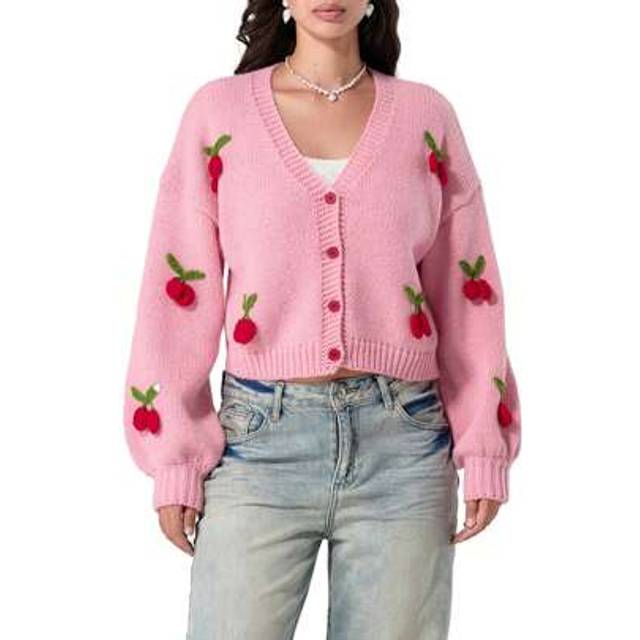 SHEIN Women&#39;s Strawberry Print Button Down Long Sleeve V Neck Crop Cardigan Sweater