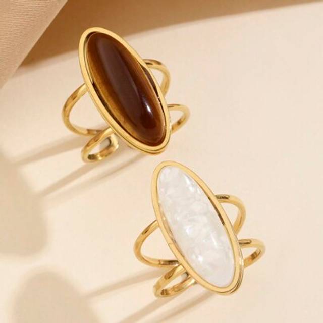 SHEIN 1pc/2pcs Stainless Steel Vintage Gold-Tone Rings With Embedded White & Brown Diamond Shape Stones, Open Ring Set Suitable For Women&#39;s Daily Wear Or Gi