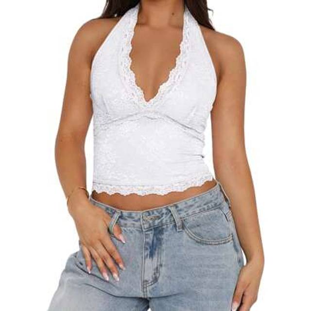 SHEIN Womens Halter Tank Tops Summer Fashionable Slim Fit V Neck Backless Sleeveless Lace Crop Vest
