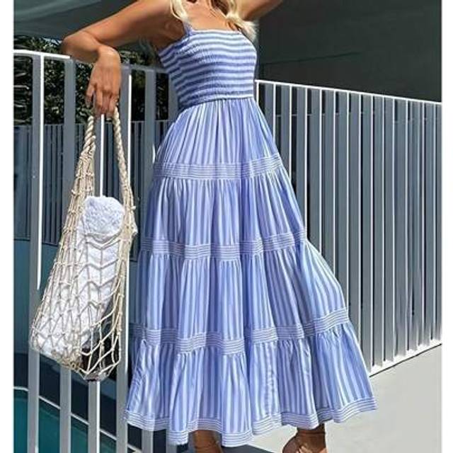 SHEIN [Unique Striped Maxi Dress] Spring/Summer Chic Blue & White Striped Ruffle Maxi Dress - Sleeveless, A-Line Flared Skirt, Ruffle Hem, Polyester - Machi
