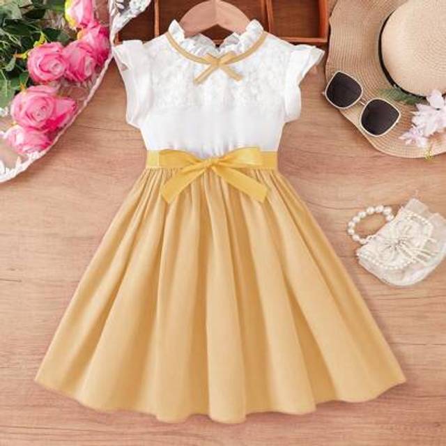 SHEIN Young Girl Girls Formal Dress, Sweet Ruffle, Bow, Lace, Cap Sleeve, Ribbon Waist Midi Dress, Summer New Arrival