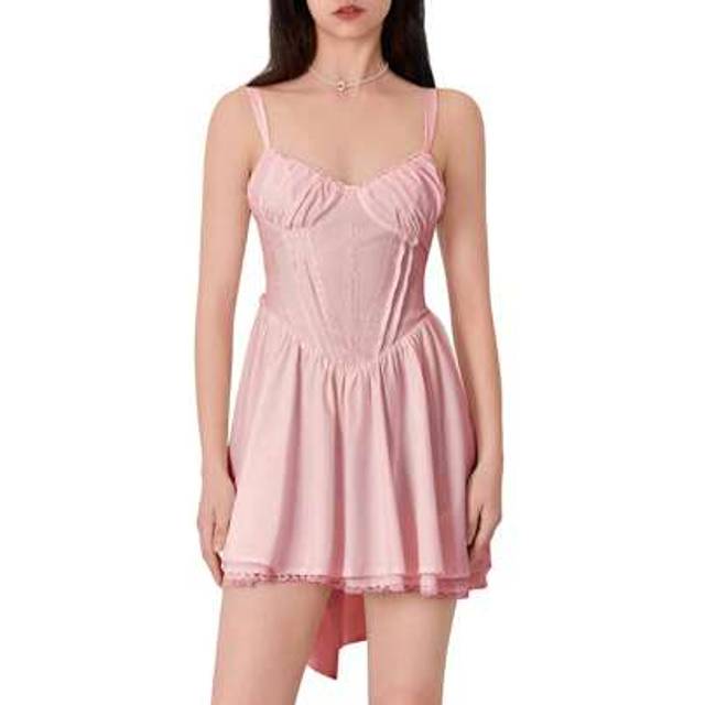 SHEIN Women&#39;s Summer Corset Cami Short Babydoll Dress Solid Color Sleeveless V-Neck Back Big Bow Flowy Mini Dress