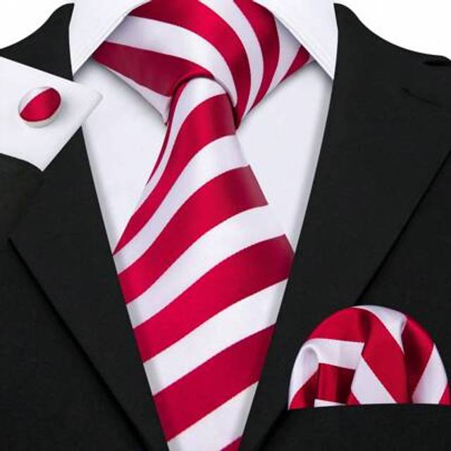 SHEIN Mens Tie Fashion Designer Red White Striped Necktie Handkerchief Cufflinks Set