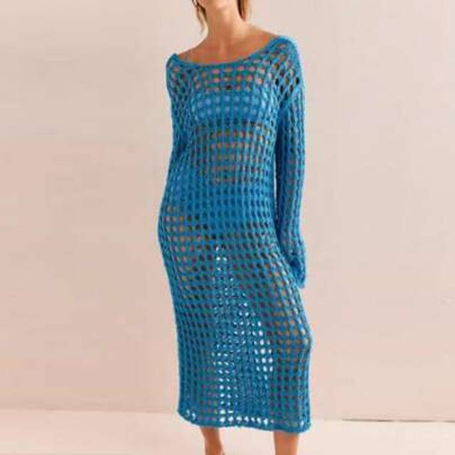 SHEIN Women&#39;s Crochet Bikini Cover-Up Solid Hollow Out Long Sleeve Open Back Loose Long Dress