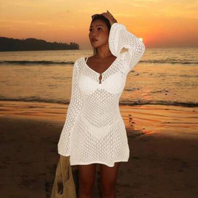 SHEIN Women&#39;s Long Sleeve Hollow-Out Swimsuit Cover-Up, Elegant Boho Beach Vacation Style, V-Neck Short Dress