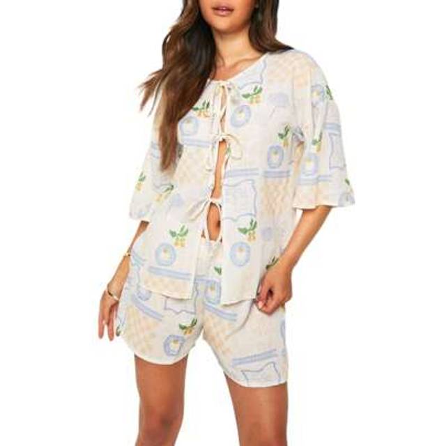 SHEIN Women Pajamas Set 2 Pieces Loungewear Suits Postcard Print Front Tie-Up Short Sleeve Loose Tops And Shorts Sleepwear Outfits