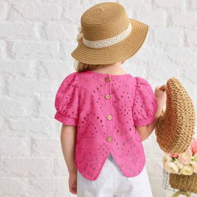 SHEIN Young Girl&#39;s Fashion Chiffon Solid Color Puff Sleeve Hollow Out Casual Blouse