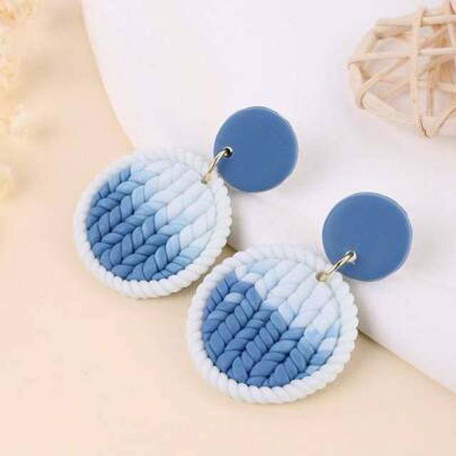 SHEIN 1 Pair Handmade Soft Clay Round Braided Ombre Effect Modern Minimalist Sapphire Blue Earrings, Suitable For Holiday Travel Use
