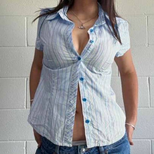 SHEIN Women Striped Short Sleeve Blouse Y2k Slim Fitted Collared Button-Up Shirts Casual T Shirt Summer Going Out Crop Top Streetwear