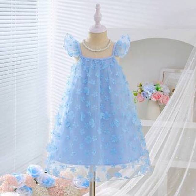 SHEIN Young Girls&#39; Cute 3D Flower & Butterfly Decor Organza Cap Sleeve Dress, Spring/Summer