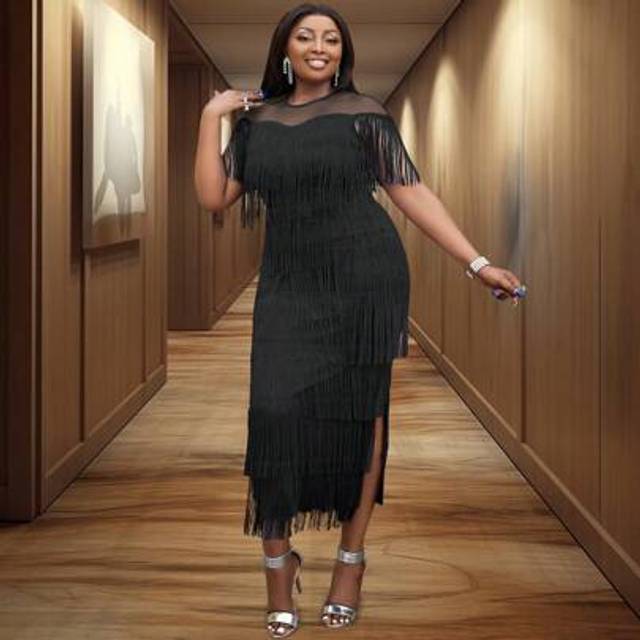 SHEIN Women Black Fringe See Through Top Cap Sleeve Festival Party Tassel Dresses Midi Length
