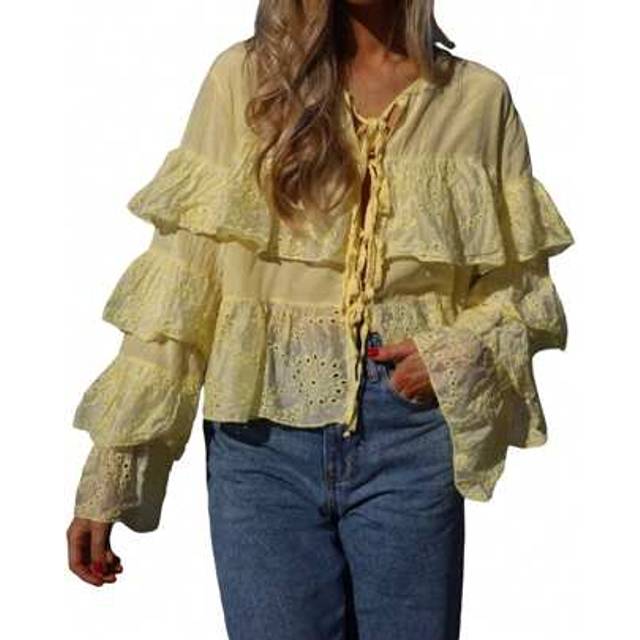 SHEIN Women Tie Front Eyelet Long Sleeve Top Flowy Tiered Babydoll Bow Shirts Hollow Out Peplum Cute Blouse Shirts Tops