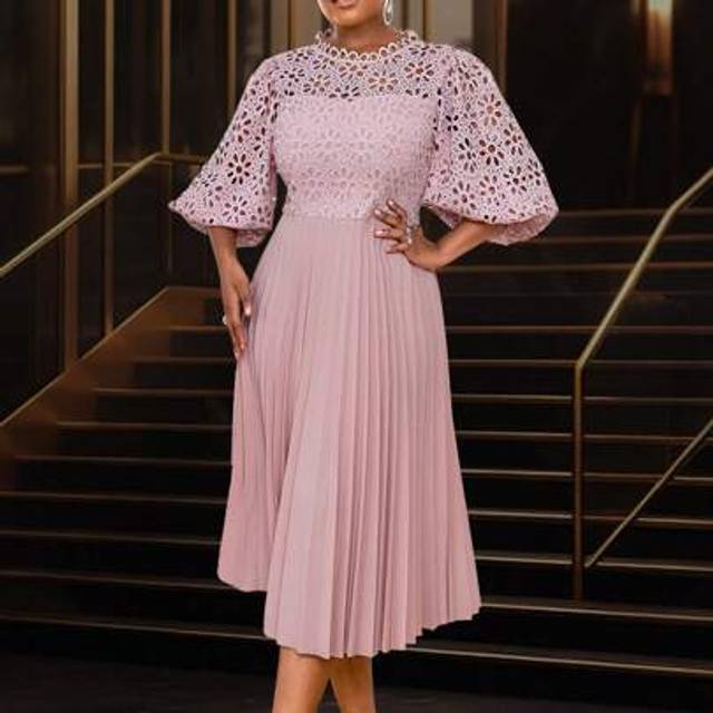 AOMEI Pink Lace Pleated Dresses Half Lantern Sleeves Hollow Out Elegant Midi Outfit For Date,Party,Wedding Dress,Bridesmaid Dress,Graduation Dress,Wedding G