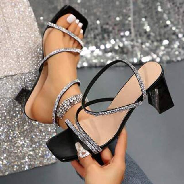 SHEIN Square Toe Chunky Heel Sandals, Rhinestone Decor French Style, Fashion High Heels For Women, Summer Outdoor Wear, Suitable For Dates, Parties, Gatheri