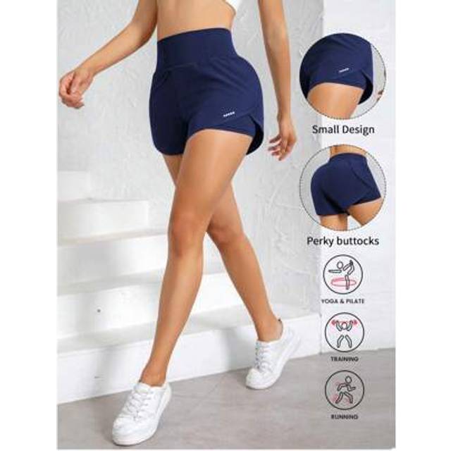 SHEIN 2-In-1 Women&#39;s Athletic Yoga Shorts, High-Waisted Comfort Fit, Loose Running Workout Shorts, Breathable Quick-Dry Fabric, Sporty Style