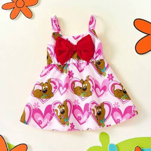 SHEIN Baby Girl Cartoon Heart Pattern Red Bow Cute Summer Vacation Lightweight Pink Strap Dress