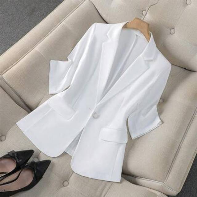 SHEIN Stylish White 3/4 Sleeve Casual Blazer Jacket For Women, Slim Fit, Spring/Summer 2025 New Collection