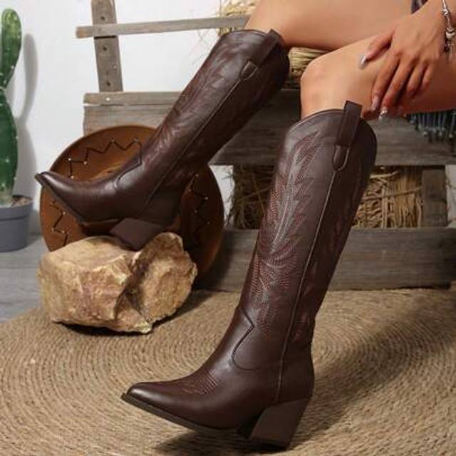 SHEIN Vintage Embroidered Western Cowgirl Boots For Women 2025 Summer New Riding Boots Chunky Heel Brown Long Boots Slimming