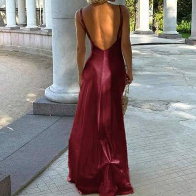 SHEIN Elegant Lady Sexy V-Neck Backless Satin Slip Dress