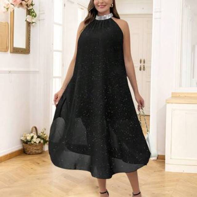 SHEIN Plus Size Women Elegant Formal Halter Neck Mesh Sheer Maxi Long Dress Ladies Summer Shiny Glitter Kaftan Baggy Party Wedding Holiday Ball Gown