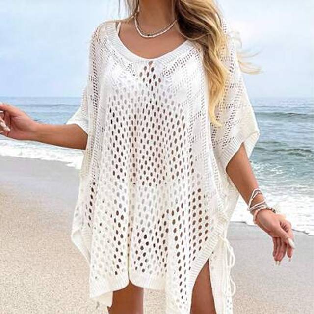 SHEIN Plus Size Sweaters, Beach Coverup, Bikini Coverup, Bathing Suit Cover Ups, Crochet Tops - Elegant Crochet Knit Coverup With V-Neck And Batwing Sleeves
