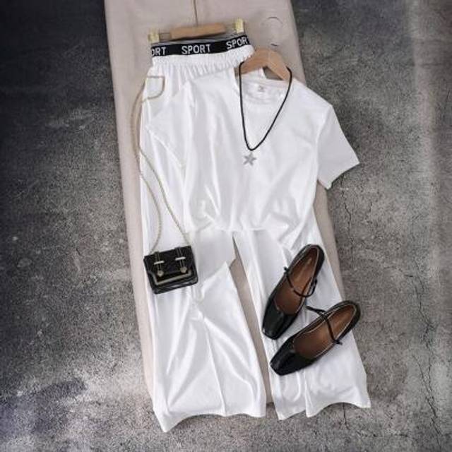 SHEIN Teen Girls Solid Color Round Neck Short Sleeve Crop Top And Letter Print Waistband Straight Leg Pants Casual 2pc Outfit Set For Summer
