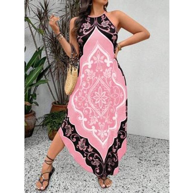SHEIN Plus Size Women Vacation Floral Halterneck Concert Dress