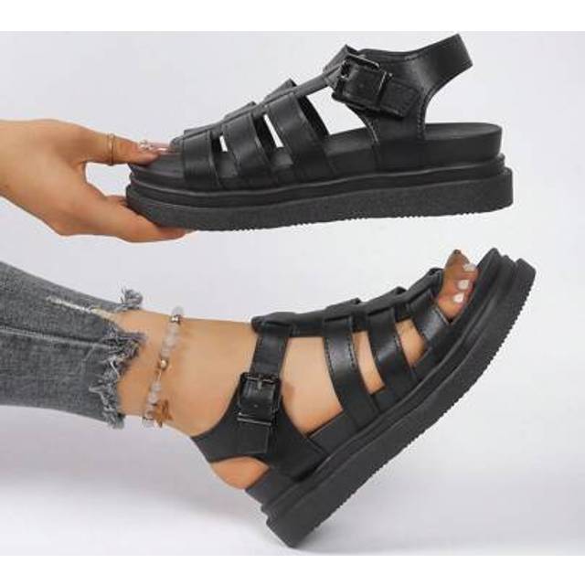 SHEIN Women&#39;s Solid Color Platform Wedge Sandals, Casual Buckle Summer Sandals, Comfortable Open Toe Sandals, Women&#39;s Flat Roman Sandals, Solid Color Open T