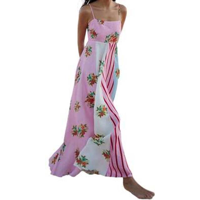 SHEIN Women&#39;s Long Flowy Slip Dress Floral Stripe Print Sleeveless Spaghetti Strap Backless Boho Dress