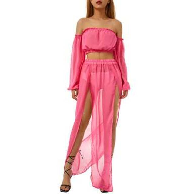 SHEIN Women Beach Cover Up Dress 2pcs Set Long Puff Sleeve Off Shoulder Tops Cover Up High Split Skirt Suit Vacation