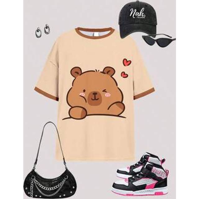 SHEIN Cute Capybara Printed, Vintage Cartoon Animal Print, Tween Girls Casual Loose Drop Shoulder Short Sleeve T-Shirt, Suitable For Summer, Cute Summer Out