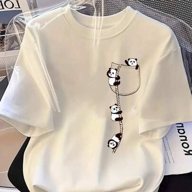 SHEIN Women&#39;S Cute Panda Print T-Shirt - Soft Knit Fabric, Short Sleeve Crew Neck, Casual & Comfortable Top For Spring & Summer, Red With Black Panda Design