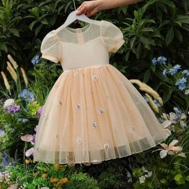 SHEIN Partywear Young GirlRomantic Elegant Champagne Color Mesh Puffy Sleeve Floral Decor Waisted Dress, Suitable For Summer Parties, Gatherings, Banquets