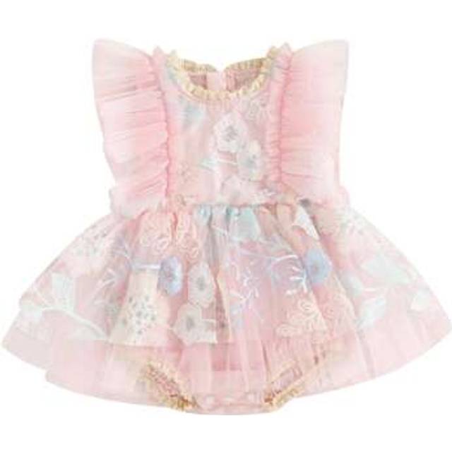 SHEIN Baby Girl Summer Romper Dress Flutter Sleeves Round Neck Floral Embroidery Bodysuit