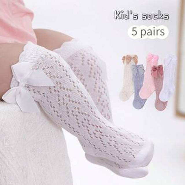 SHEIN 1 Pair Girls&#39; Spring/Summer Mid-Calf Socks, Net Mesh Leg Warmers, Bow Decor Knee High Thin Socks