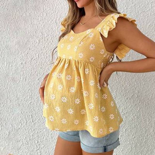 SHEIN Maternity Daisy & Plaid Print Ruffle Armhole Blouse