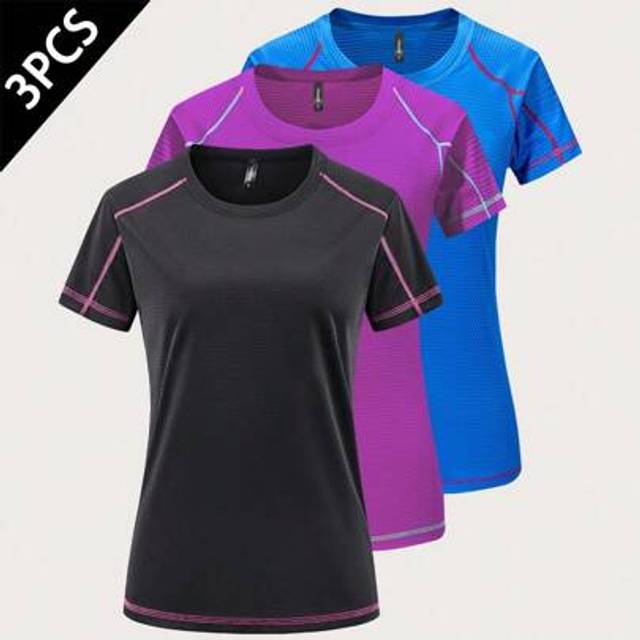 SHEIN 3 Pack: Women&#39;s Dry Fit Tech Stretch Short-Sleeve Crew Neck Athletic T-Shirt, Fashion Casual Crew Neck Short Sleeve, Suitable For Daily Running, Worko