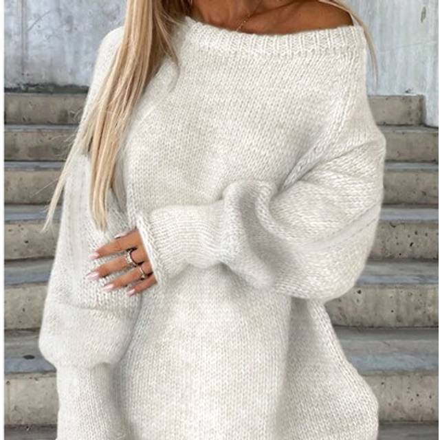 SHEIN Ladies Casual Fashion One-Shoulder Lantern Sleeve Knitted Wide Collar Loose Sweater