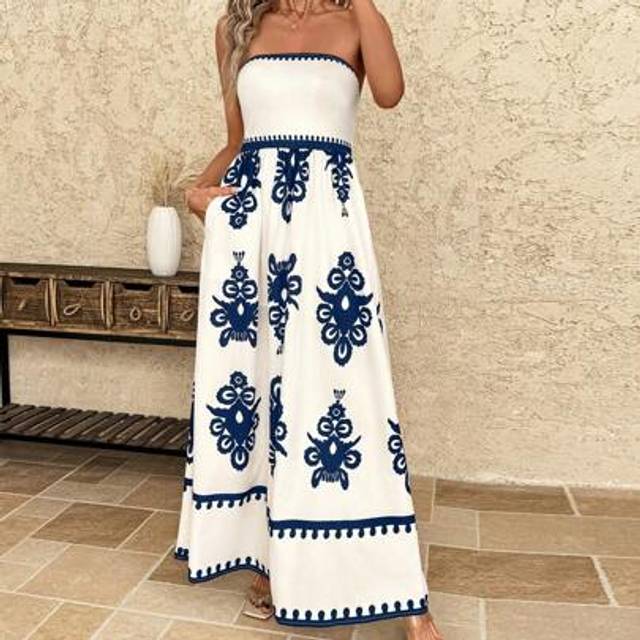 SHEIN Vintage Trimmed Pocketed Sleeveless Maxi Dress, Casual Summer,Boho Clothes Women