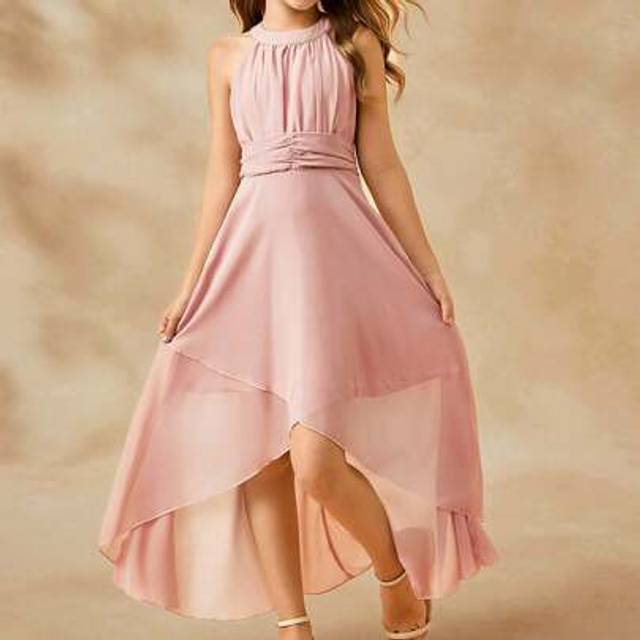 SHEIN Elegant & Light Pink Sleeveless Long Dress For Tween Girl, Suitable For Evening Party, Gala, Banquet, Wedding, Flower Girl, And More Occasions