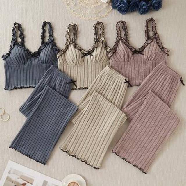 SHEIN 3pcs/Set Bow Decor Ribbed Camisole & Pants Sleepwear Set, Comfortable