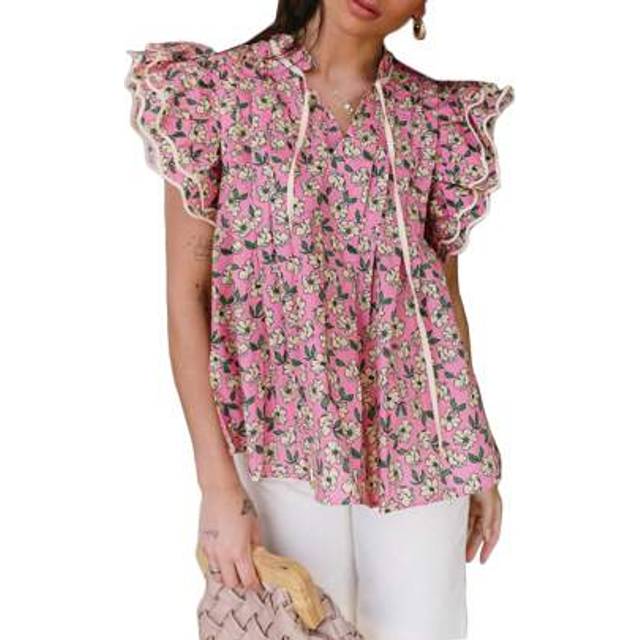 SHEIN Women Y2k Boho Floral Cap Flutter Sleeve Peplum Blouses Front Button Down Collar V Neck Ruffle Flowy Crop Top Summer Going Out Babydoll Shirts