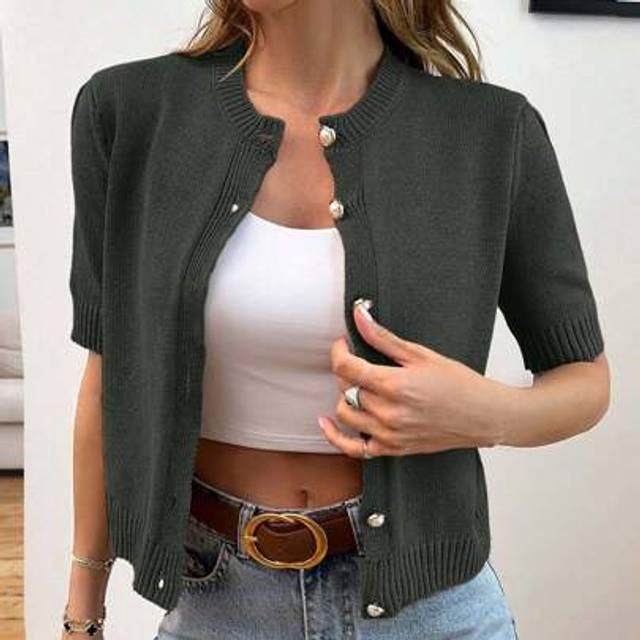 SHEIN Gold Button Short Sleeve Elegant Cardigan