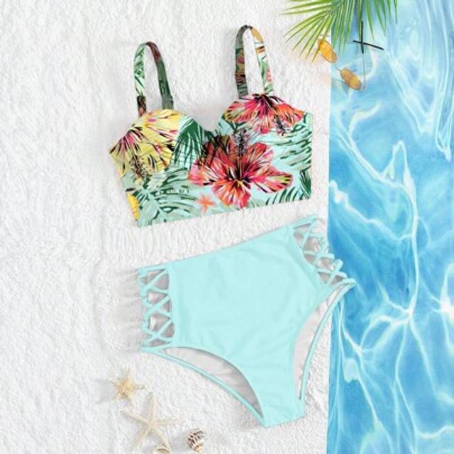 SHEIN Women&#39;s Summer Beach Tropical Plant Print Sexy Bikini Swimsuit Set (Print Random), PUSH UP With Underwire