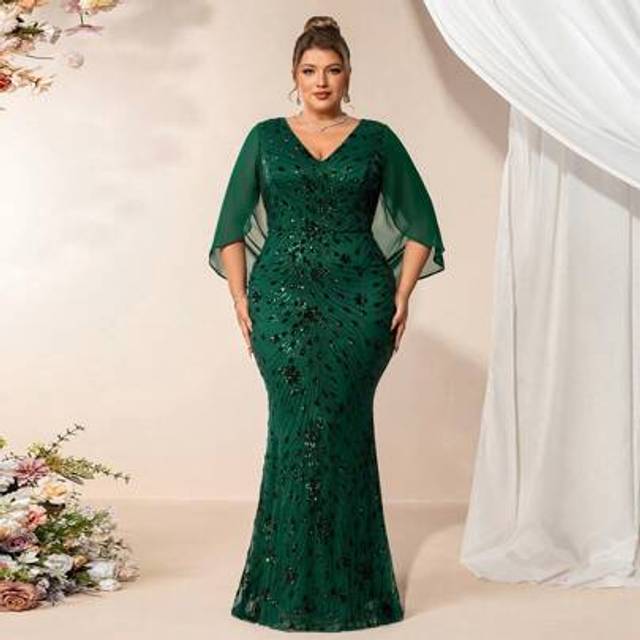 SHEIN Plus Size Women Elegant Pleated Sequin Formal Mermaid Party Dress, Prom Dress, Wedding Guest Dress, Graduation Ceremony Dress, Evening Gown,Dinner